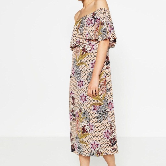 Zara Floral Off The Shoulders Midi Dress Bloggers Favorite Women’s Size Small S - Picture 2 of 8